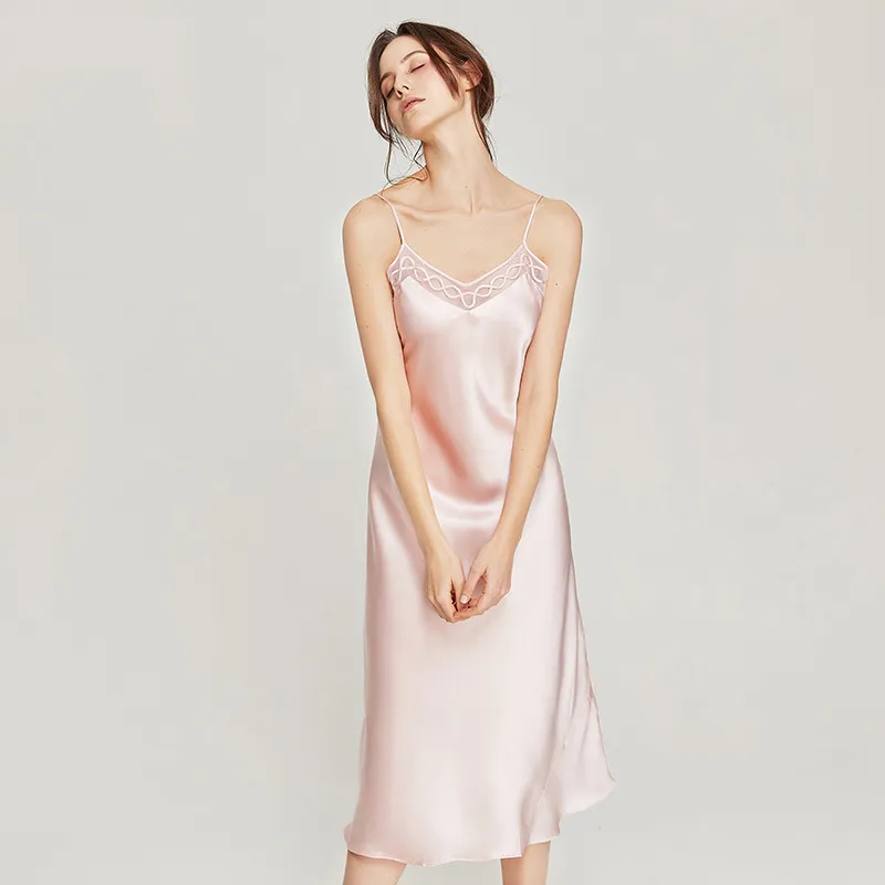 Pure 100% mulberry silk long nightgown with sexy lace trim. Elegant chemise sleepwear for women. Flared hem, smooth, breathable luxury loungewear. Buy now!