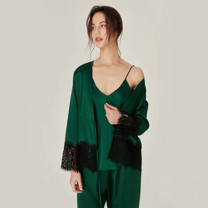 Shop this luxurious vintage 100% mulberry silk 3-piece pyjama set with lace trim. Includes cami, pants & jacket. Smooth, breathable silk. Free shipping.
