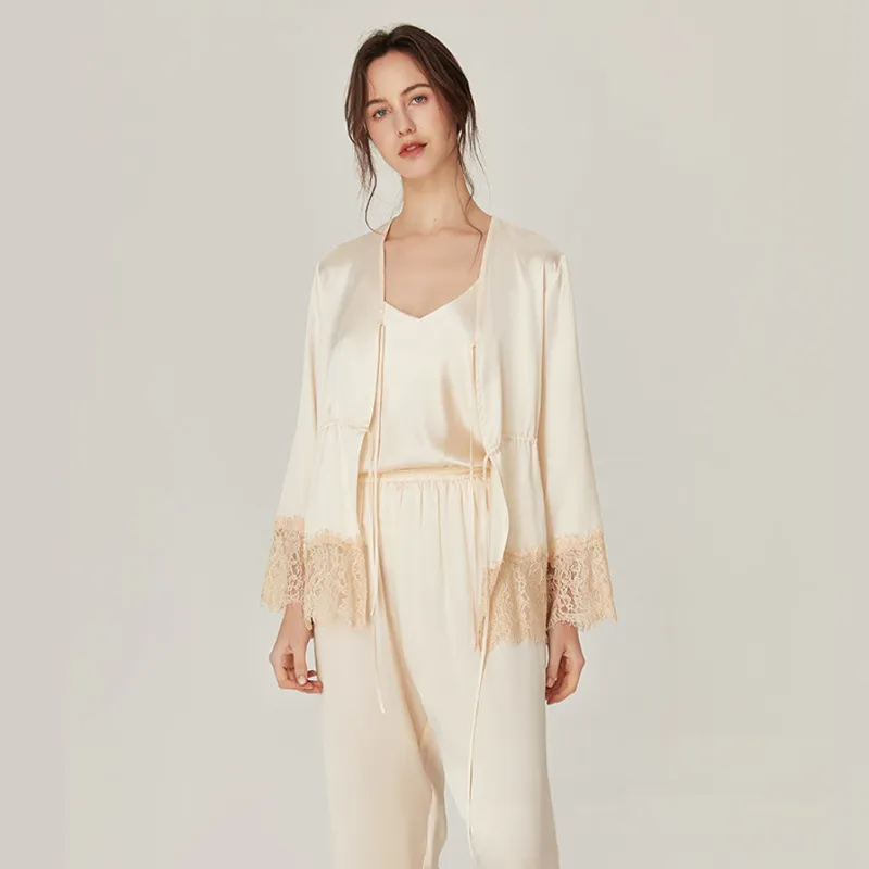 Shop this luxurious vintage 100% mulberry silk 3-piece pyjama set with lace trim. Includes cami, pants & jacket. Smooth, breathable silk. Free shipping.